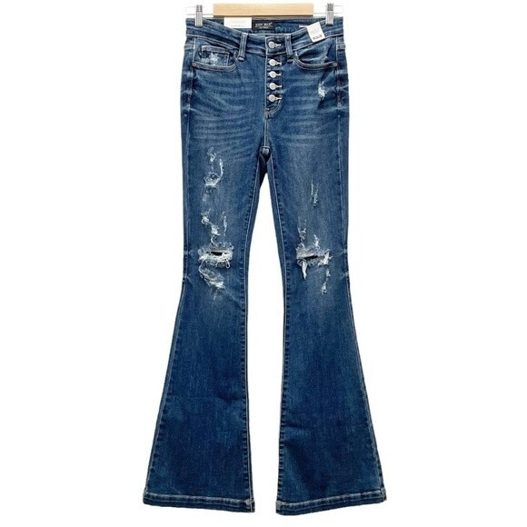 NWT Judy Blue Jeans Judith Button Fly Dark Wash Trouser Flare Size 26 | 2/3 NEW - Picture 2 of 14